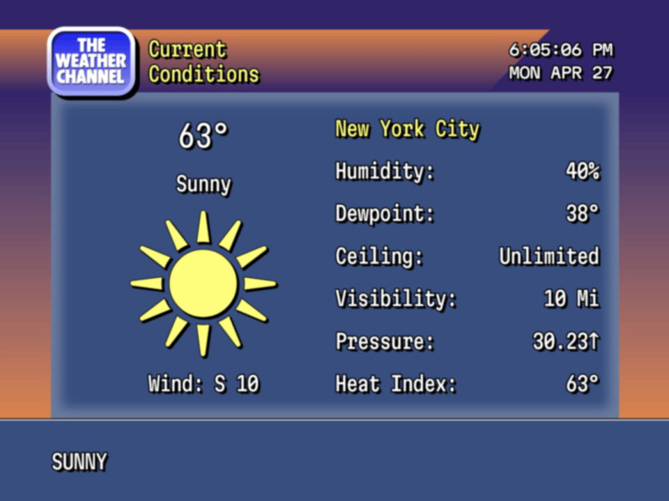 A screen capture from The Weather Channel's RetroCast, showing the weather conditions for New York City.