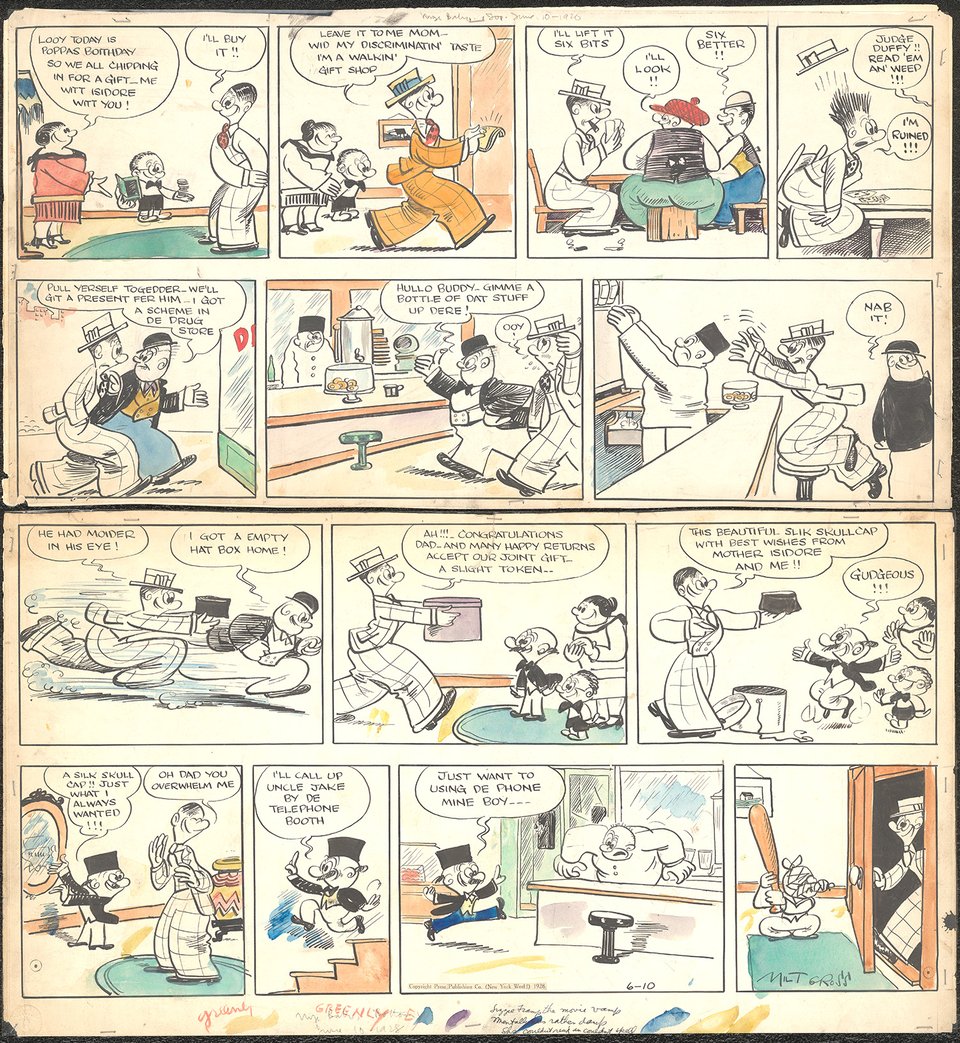 Color guide by Milt Gross of a 1928 “Looy Dot Dope” original. The large original strip is marked with colors throughout added to indicate to an engraver which colors to use. The strip is about a man getting money for a birthday gift, losing it gambling, stealing a hat, then the father getting beat up when he runs across the hat’s original owner.