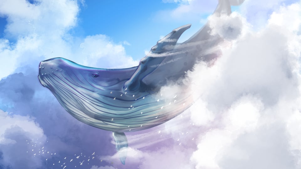 A blue whale breaks through a cloud bank, flying through the sky.