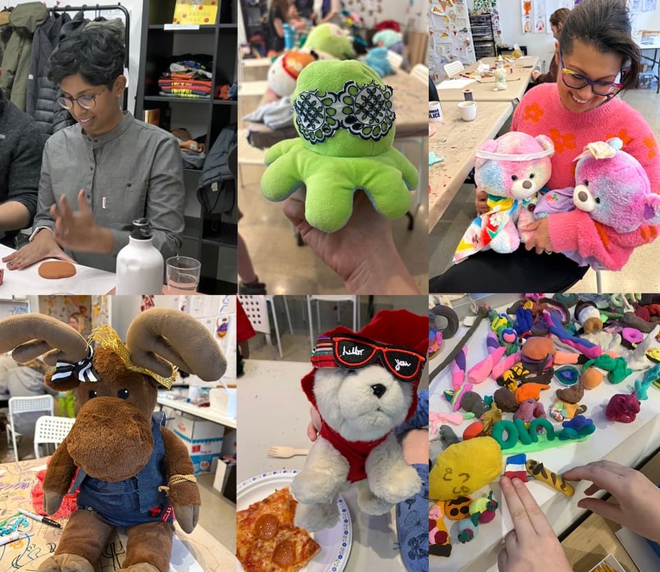 A collage of pictures of people making clothing for stuffed animals