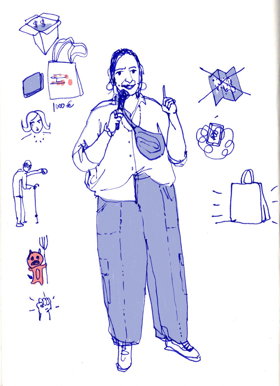 A drawing of Anshita Koul performing comedy