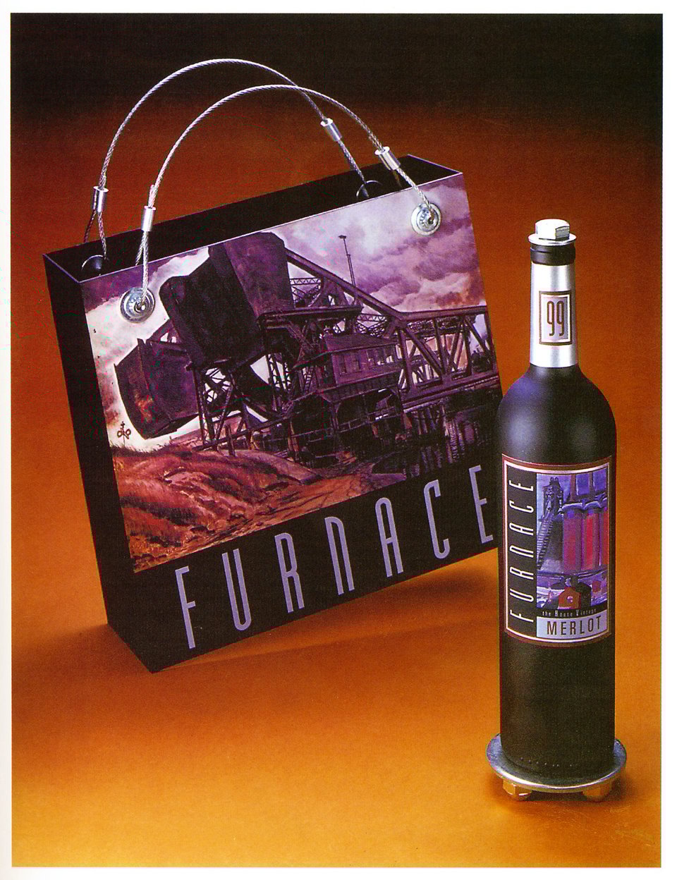 A bag and wine label with industrial iconography in a purple hue. The straps of the wine bag are metal wire.