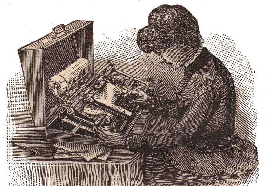 An 1800s magazine ad with a woman sitting an an ancient typewriter