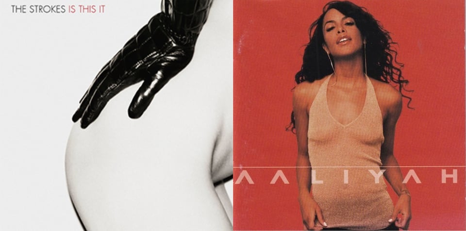 First pic: A close up of a woman's ass, in profile, with top of her legs and part of her stomach, just above the groin, is visible. A black glove, made of rubber or latex or something, rests on the woman's ass. Presumably it's hers, but maybe not. Her skin is so white is almost matches the white wall behind her. Also, this could be a guy technically, I don't know, I'm not making any judgments here. Second pic: A photograph of a thin Black woman, Aaliyah, on a red background. (RIP) She wears a sheer sleeveless top that is I believe beige. She looks very confident.