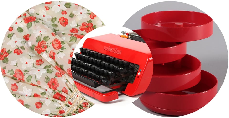 three plastic elements from the exhibition, including a strawberry and rose pattern fabric, a portable typewriter and a jewelry stacker.