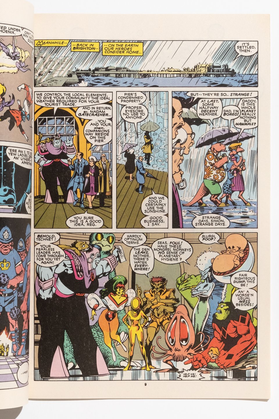 a page from Excalibur by Alan Davis. The scene is set at Brighton Pier. There are some dinosaur tourists walking in the rain. The bottom panel shows the Technet-- a collection of alien bounty hunters from the Alan Moore days on Captain Britain