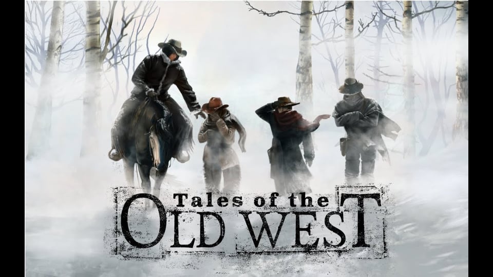 snow, winter, a forest, a whiteout, three figures, wrapped up for the weather move forward one is on horse back, all are cowboys or of that period