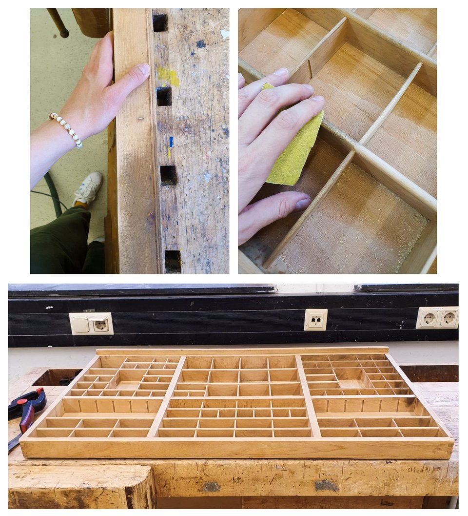 Collage of 3 photos: contrast between dark, grimy wood and smooth sanded side of the drawer; a closeup of my hand with some sandpaper working away at the dividers; a view of the whole drawer laid on the workbench, with most of it already sanded, but dark stains and grime on the right side.