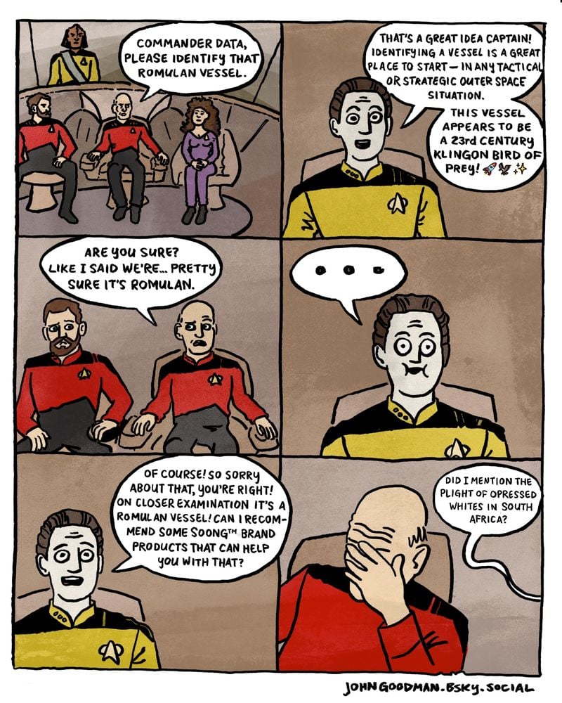 Comic Comic by johngoodman.bsky.social. Data fails to identify a Romulan vessel.