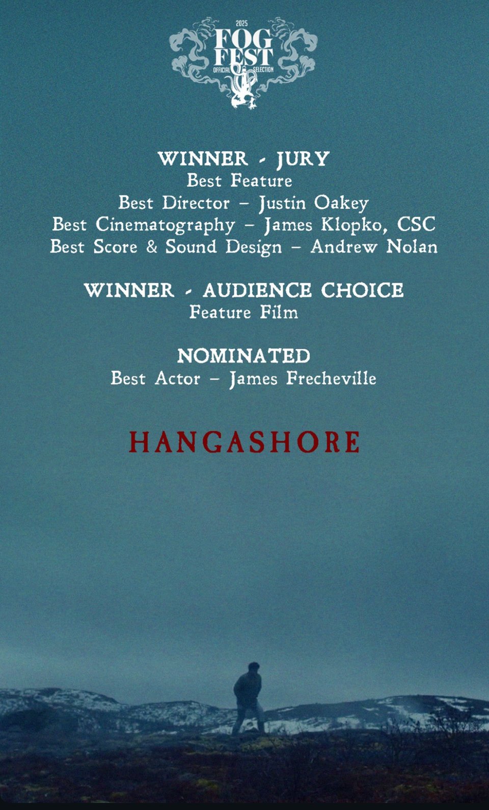 The poster for Hangsashore features a solitary man on the crest of an icy hill looking out into the fog beyond. Its numerous Fogfest awards and nominations are listed.