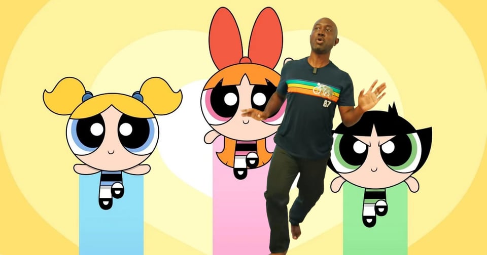 The Power Puff Girls and, in front of them, a man dancing.