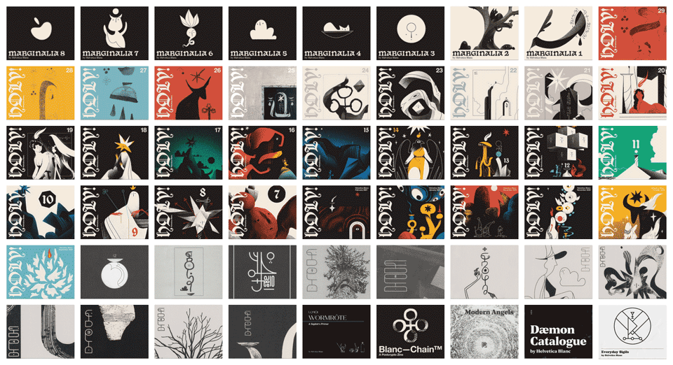 A grid of all of Helvetica's zines