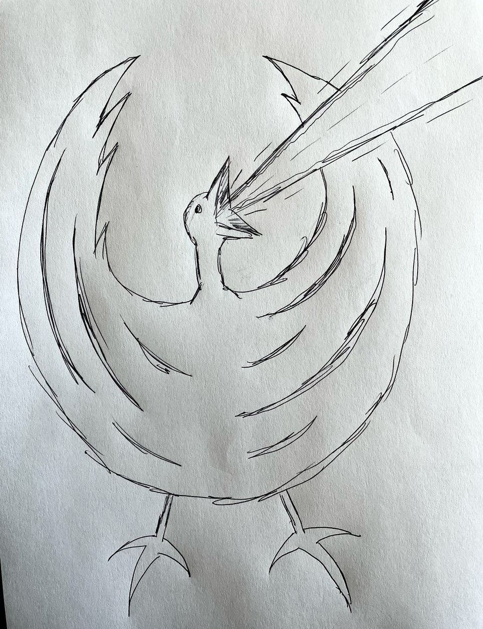 A rough sketch of a bird with its wings thrown up hight. Its beak wide and blasting energy