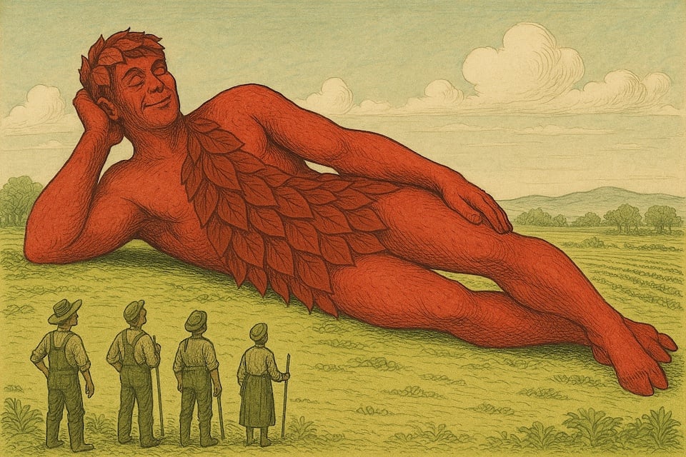 The Jolly Green Giant reclining in front of tiny farmers, except he is red and has cloven hooves.