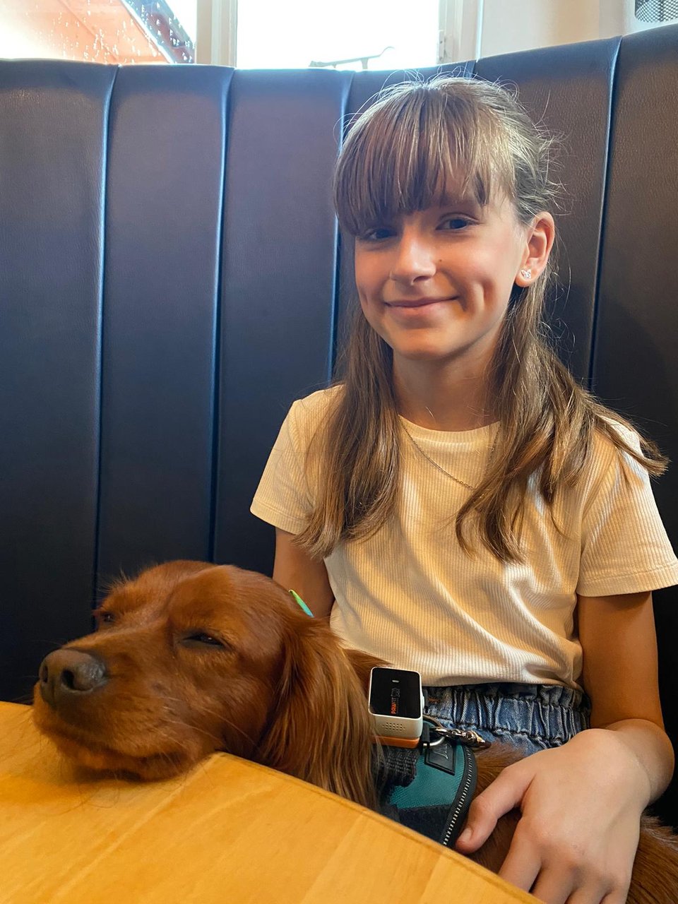 Radio rests his chin on a table, utterly content, while Emily strokes him.