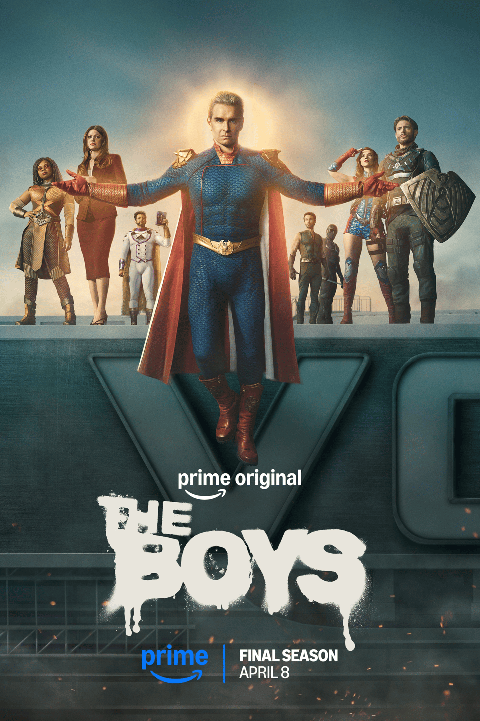 A group of superheroes and characters from the series "The Boys" stand dramatically on a rooftop, with the central figure in a superhero costume and cape, promoting the final season airing on Prime.