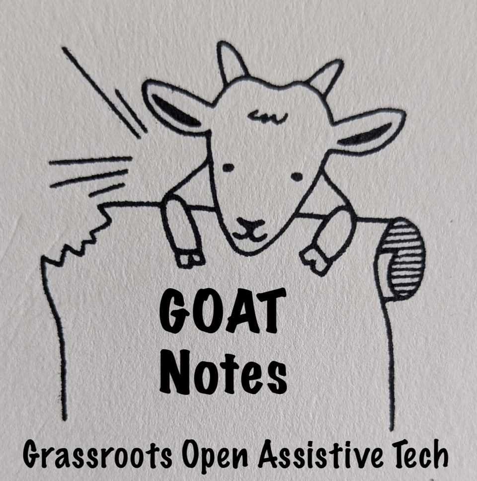 An ink stamp outline of a cute cartoon goat holding a paper scroll that says GOAT Notes. The goat has clearly taken a bite out of the paper.