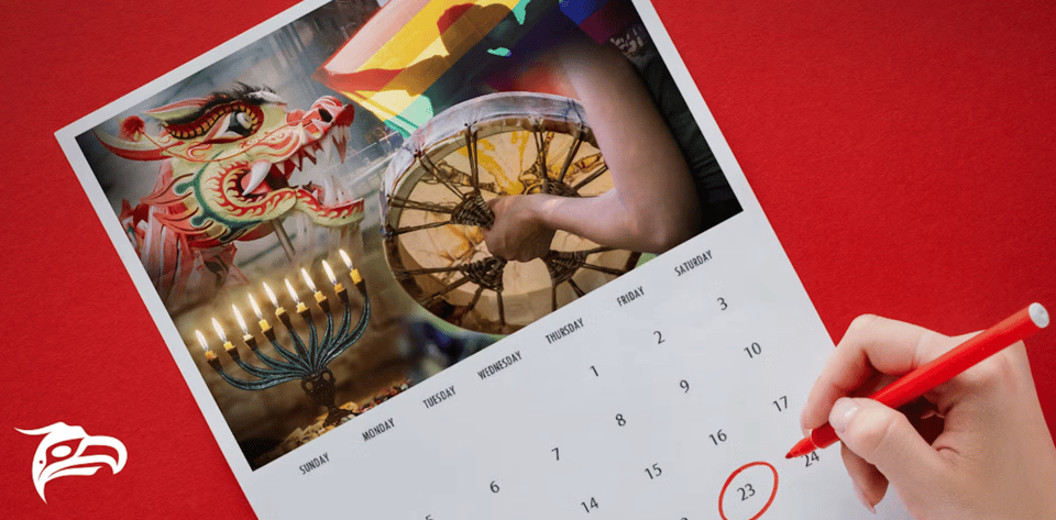 Image of a hand circling a day on a calendar, with depictions of various cultural holidays above.