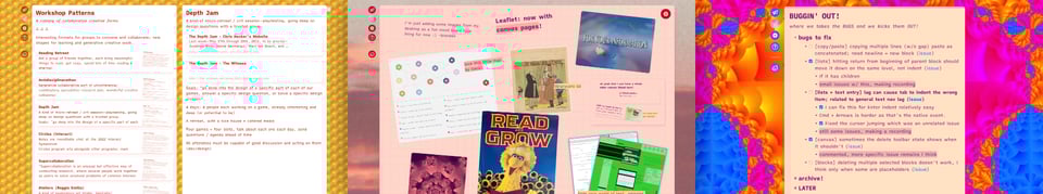 a row of thumbnail previews for three Leaflets: a collection with nested page open, a canvas with a bunch of images, and a list of bugs to fix