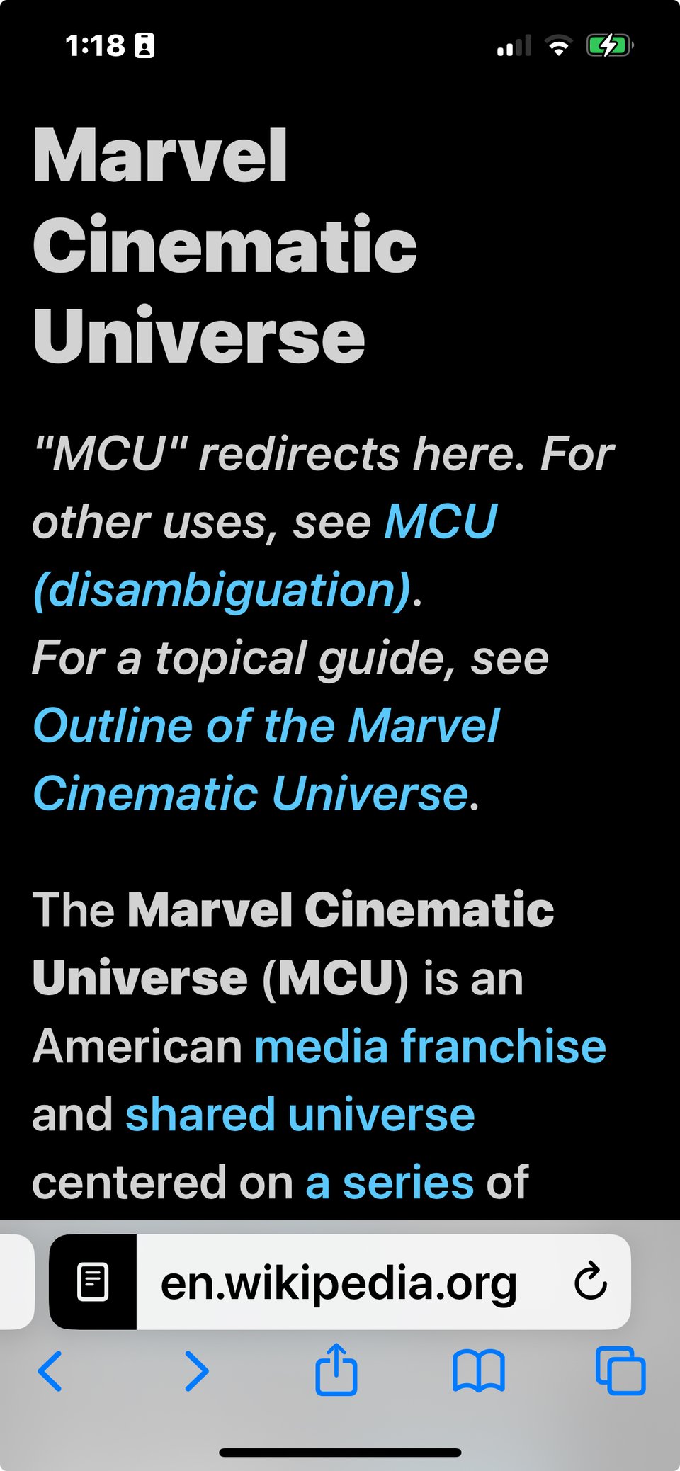 A screenshot of my phone screen showing what the 'reader' accessibility view looks like on Wikipedia