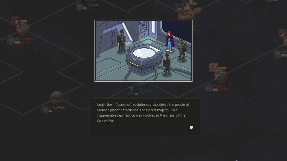 Screenshot from the game Chaos Galaxy 2. It shows my custom faction's leader standing around a digital map. The caption underneath says: "Under the influence of revolutionary thoughts, the people of Granada planet established The Liberal Prject. This inappreciable new faction was involved in the chaos of the Galaxy War.