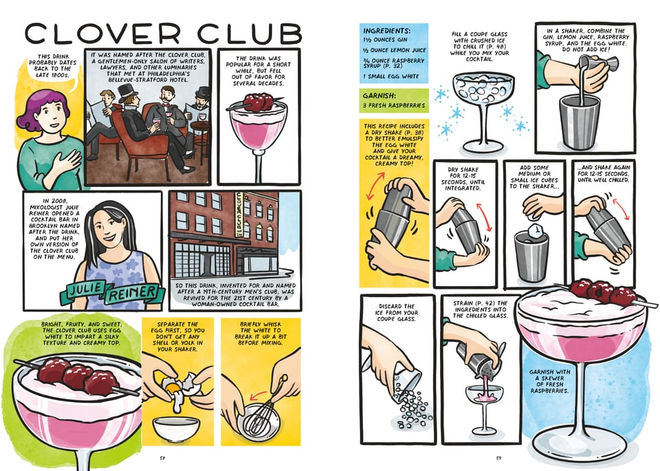A spread from Let's Make Cocktails with the recipe for the Clover club, a gin based cocktail made with raspberry syrup