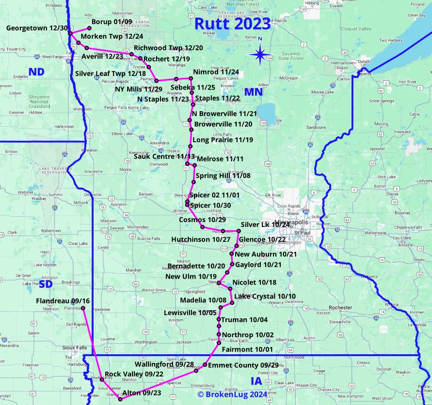 a map showing the route of the Rutt 2023 from South Dakota into Iowa and up to NW Minnesota