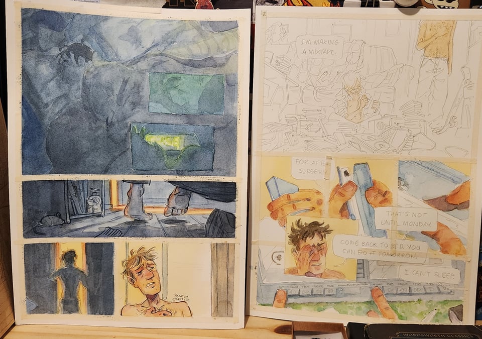 Two WIP watercolour comic pages.