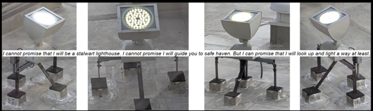 Four roof lights lit up. Text reads: "I cannont promise that I will be a stalwart lighthouse. I cannot promise I will guide you to safe haven. But I can promise that I will look up and light a way at least."