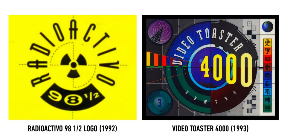A diptych of images. On the left is an electric yellow Radioactive 98 1/2 logo from 1992 and on the right is a TV test pattern-coded graphic for something called Video Toaster 4000.