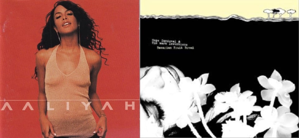 First pic: A photograph of a thin Black woman, Aaliyah, on a red background. (RIP) She wears a sheer sleeveless top that is I believe beige. She looks very confident. Second pic: On a black background is the black and white photo of a white woman (I believe Hope Sandoval) on her back -- but only her upside down head is visible. To the right are several white flowers. Above this, a series of white lines cuts across the black backround, forming a kind of side view of the contours of a landscape. On top of these lines are four trees, drawn in pen and ink.
