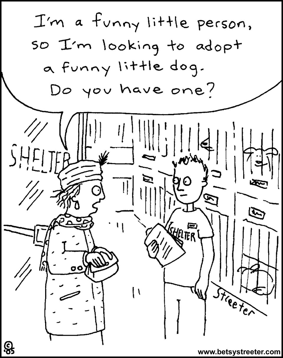 Cartoon about a funny little woman looking for a funny little dog