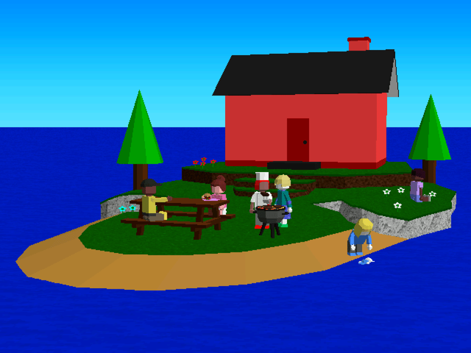 A screenshot of the characters grilling hamburgers and roaming around the island in 3D Workers Island