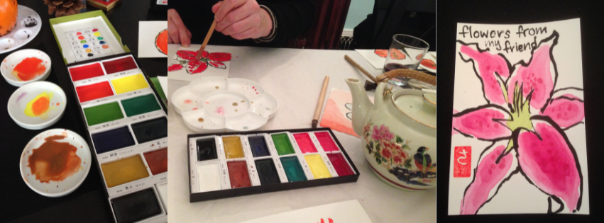 photos of etegami supplies and people pracdticing etegami