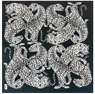 Vintage Yves Saint Laurent Leopard Jaguar Animal Novelty Print Black & White Oversized Silk Scarf