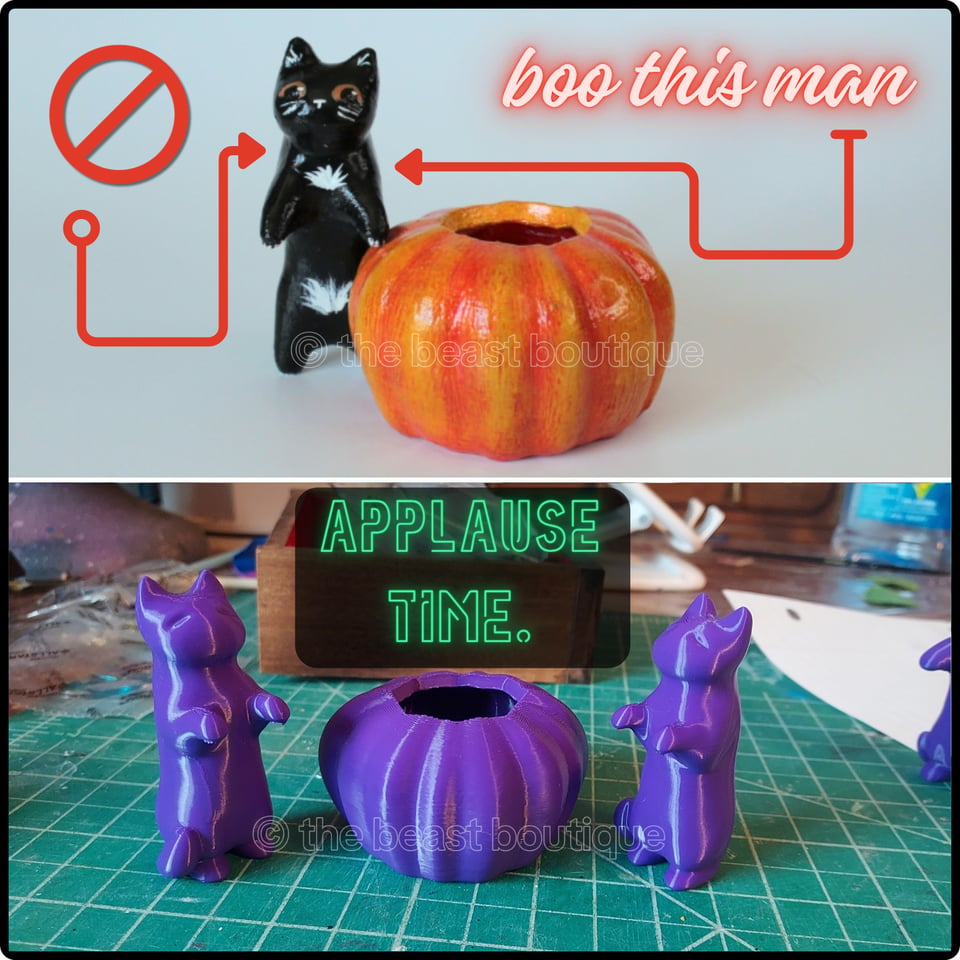 a collage; the top half shows a black cat figurine standing next to a small pumpkin, with red arrows pointing to it and neon text that reads "boo this man."
below that image is a photo of an unpainted pumpkin between two similar cat figurines sitting back on their haunches. between them, also in neon letters, are the words "applause time."