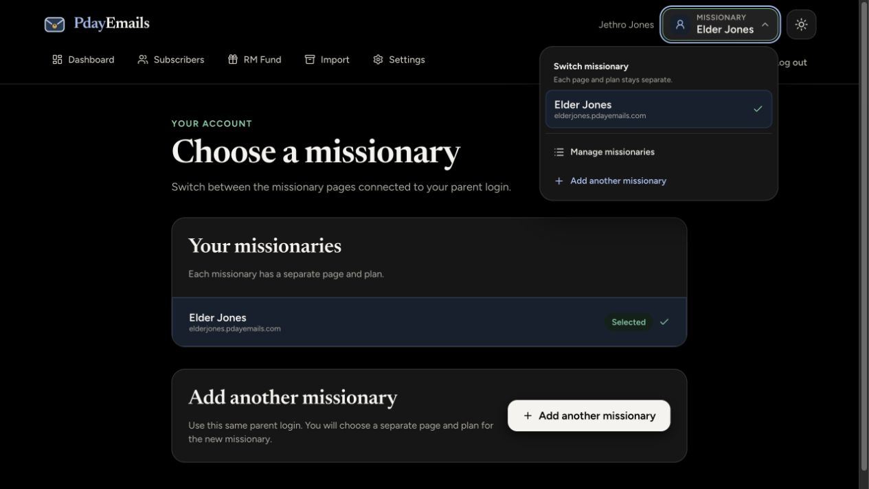 The Missionary menu open above the Manage missionaries page, showing the current missionary and Add another missionary controls.