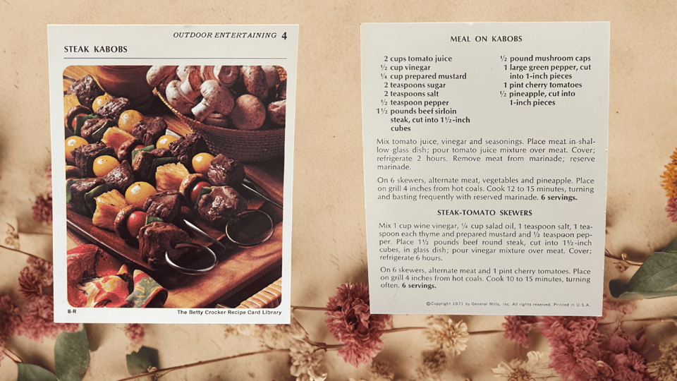 Steak Kabobs recipe card with glistening skewers of meat, tomatoes, and potatoes surrounded by mushrooms