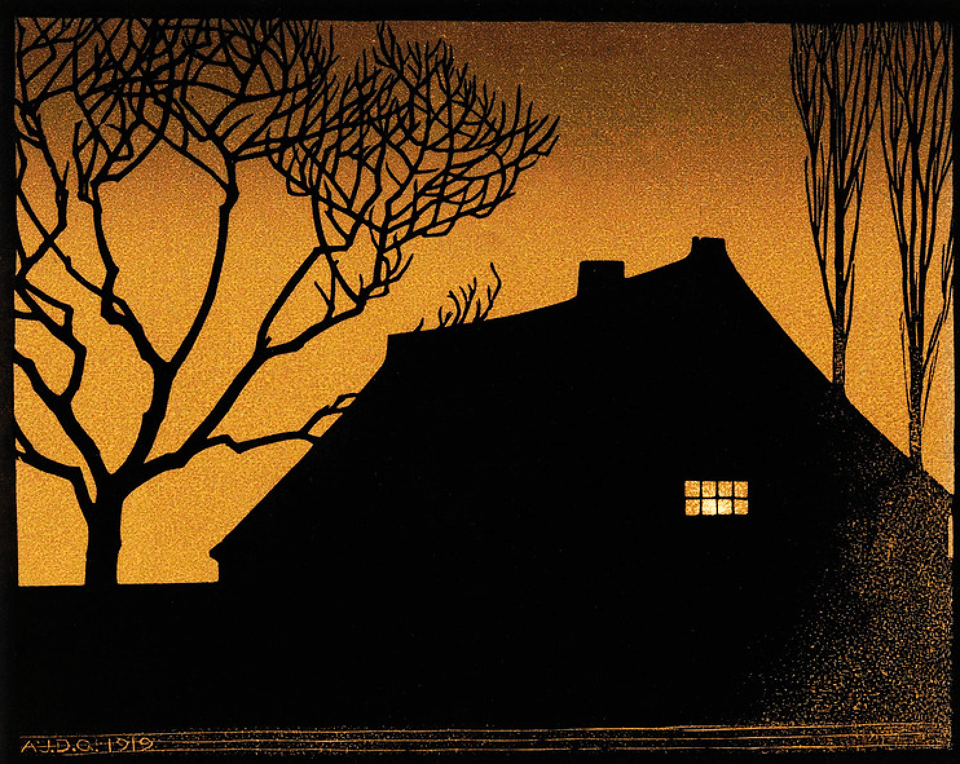 house silhouette against a winter sunset