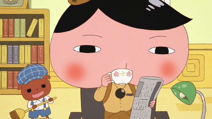 An illustration of a detective whose face is a butt sipping tea