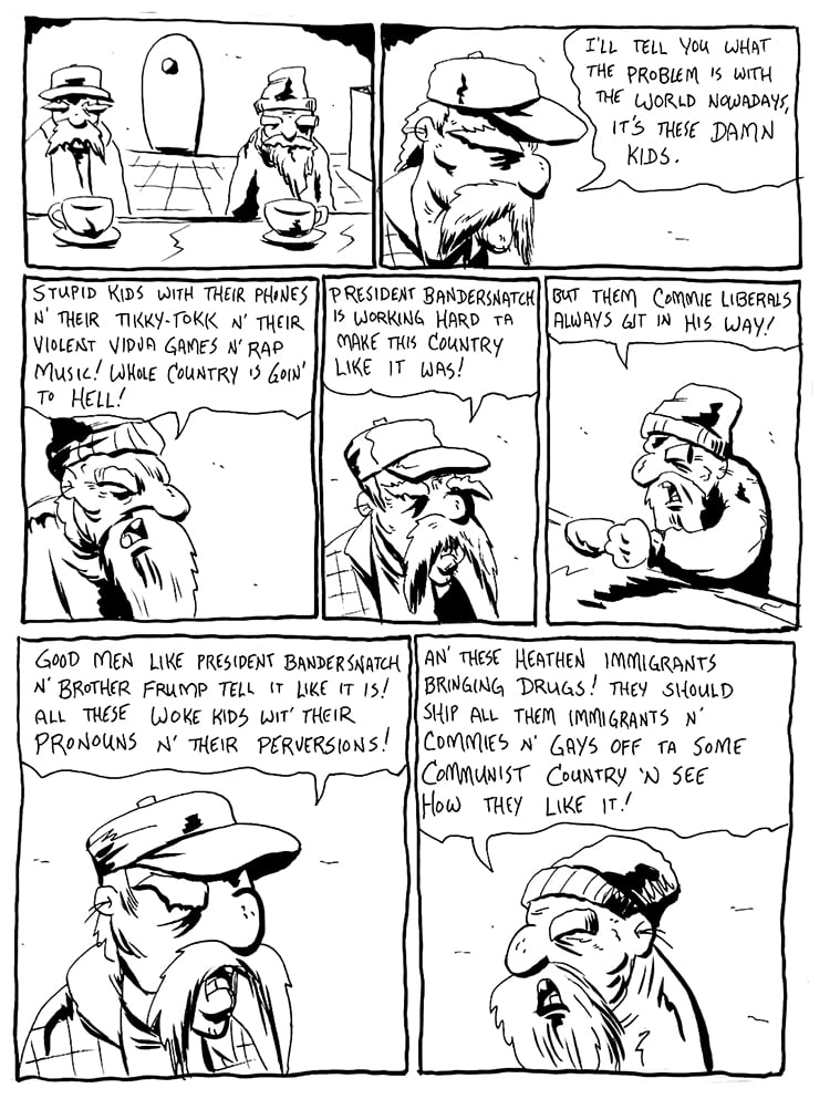 A page from Broken Crown, in which two bigoted old men sit at a diner counter and complain about "woke kids"