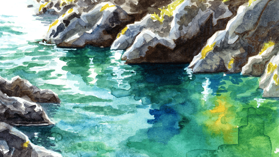 A watercolor painting of a deep green river