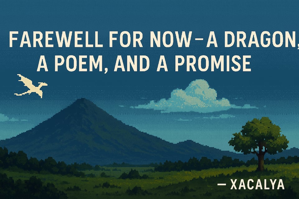 Pixel art illustration in landscape format. A green valley stretches into the distance with a single tree in the foreground and a dark mountain rising in the middle. The sky above is blue with scattered pixelated clouds. A pale yellow dragon flies to the left. Bold white pixel text reads: “FAREWELL FOR NOW — A DRAGON, A POEM, AND A PROMISE”. In the lower right corner, smaller text says: “— XACALYA”.