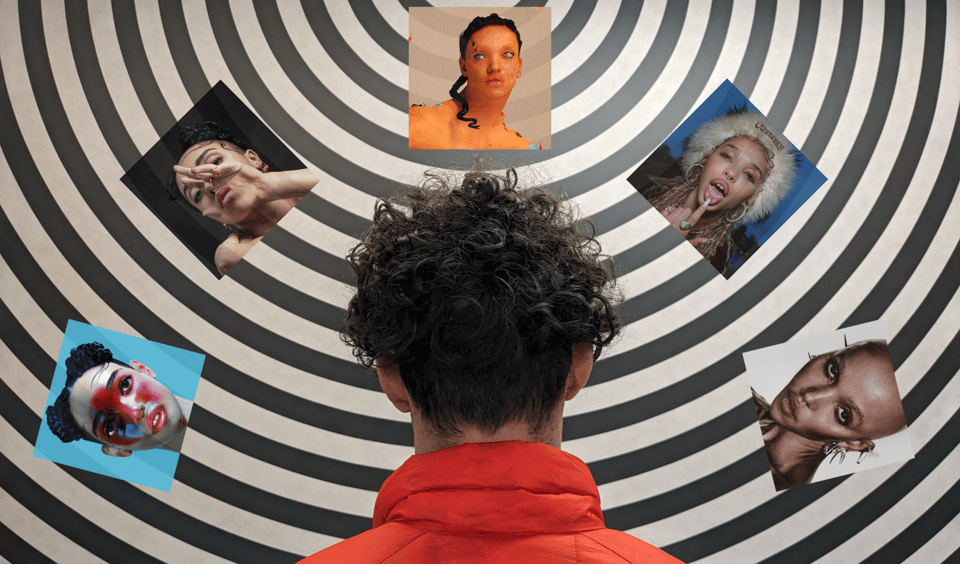 the back of my head, surrounded by FKA twigs album covers (clockwise from left, LP1, the M3L155X EP, MAGDALENE, CAPRISONGS, and EUSEXUA). A Sol LeWitt piece of a black circular pattern painted on a white wall is in the background.