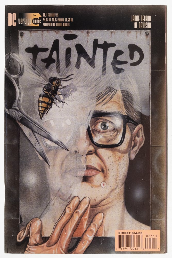 The cover of "Tainted" by Jamie Delano and Al Davison. I man with glasses wipes the steam off a mirror. His hand is missing its pinky finger. a pair of scissors and a bee are also arranged on the mirror