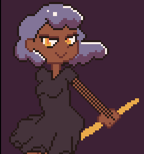 A pixellated witch.