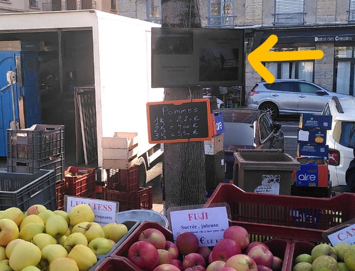 un écran accroché à un arbre dans un marché