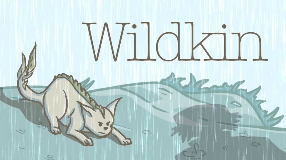 A wildkin creature stands defensively in the rain as the shadow of a trainer approaches.