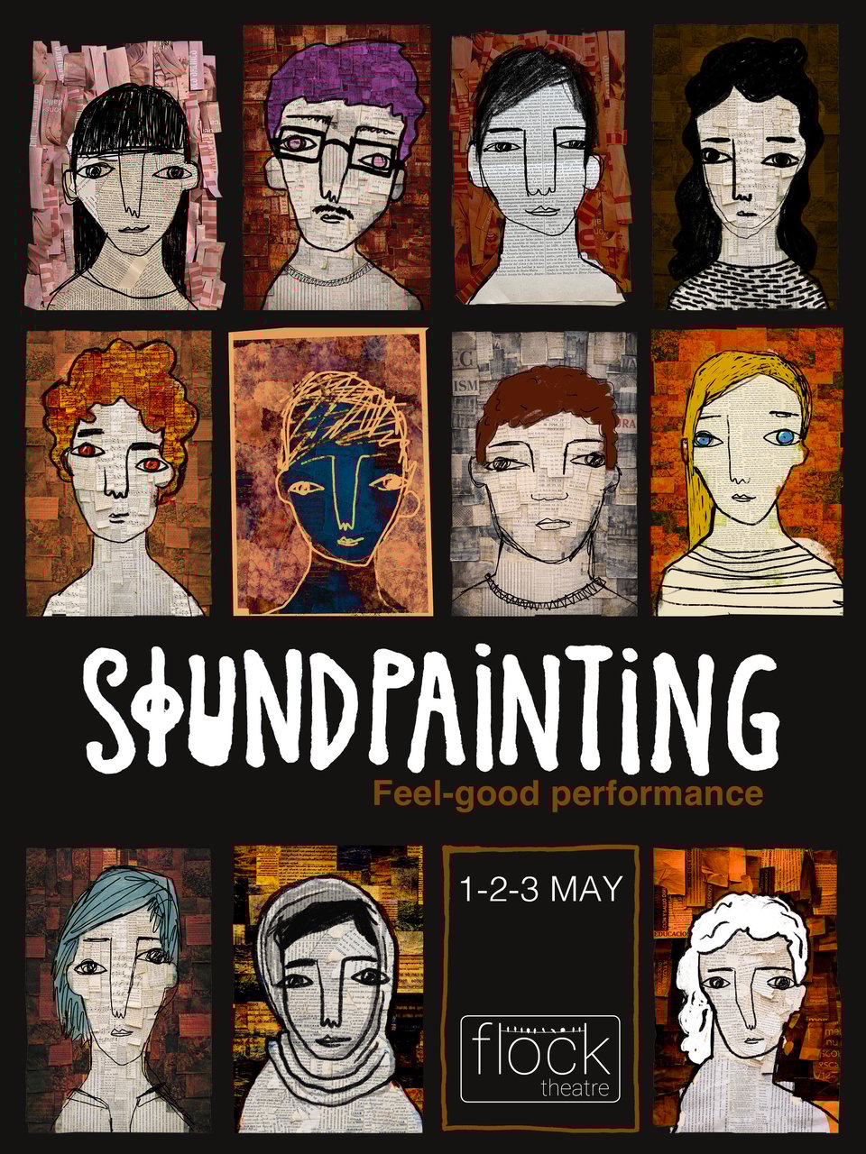 The poster of Soundpainting, representing 11 hand-drawn portraits of faces from people. It is colorful and beautiful.
