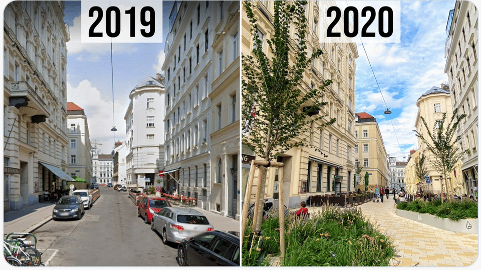 Two images, one labelled 2019 (with an asphalt street full of parked cars) and one labelled 2020 (with a paved street full of plants, outdoor tables, and pedestrians)